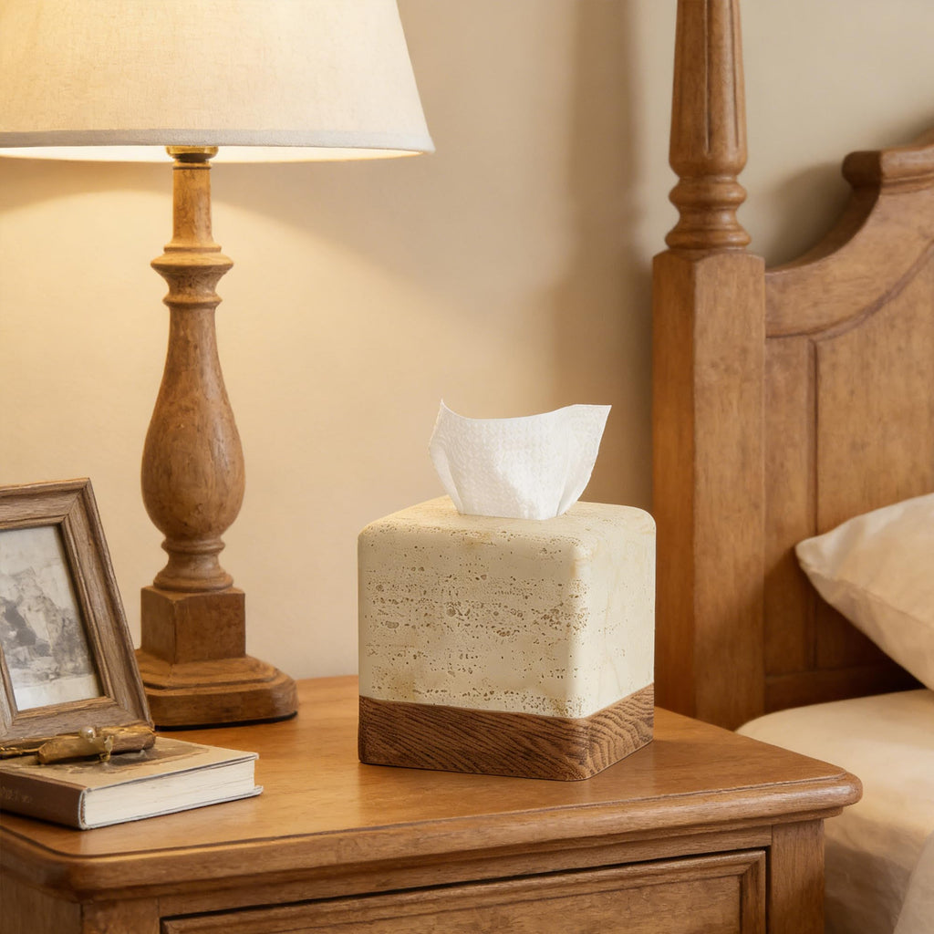 Natural Travertine Look Match Wooden Square Tissue Box Cover for Home Decor