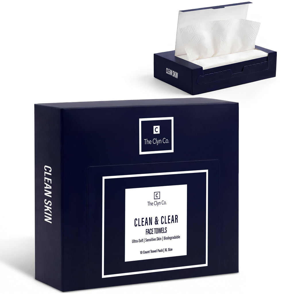 The Clyn Co. Clean & Clear Disposable Face Towels, Travel Box, XL, 10 Count