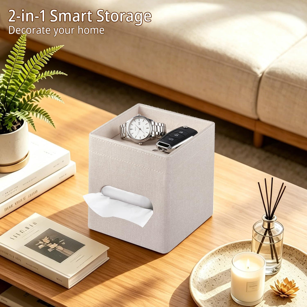Square PU Leather Tissue Box Cover with Top Storage Tray,Tissues Dispenser