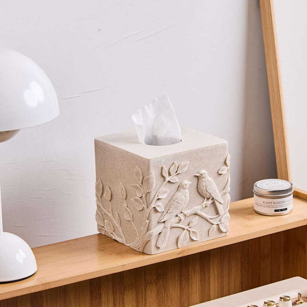 Beige Sand Stone Look Relief Birds Branch Square Tissue Box Cover for Decor