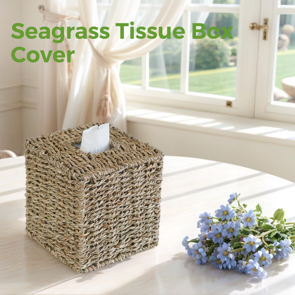 Seagrass Tissue Box Cover Square, Handwoven Facial Tissue Box Holder