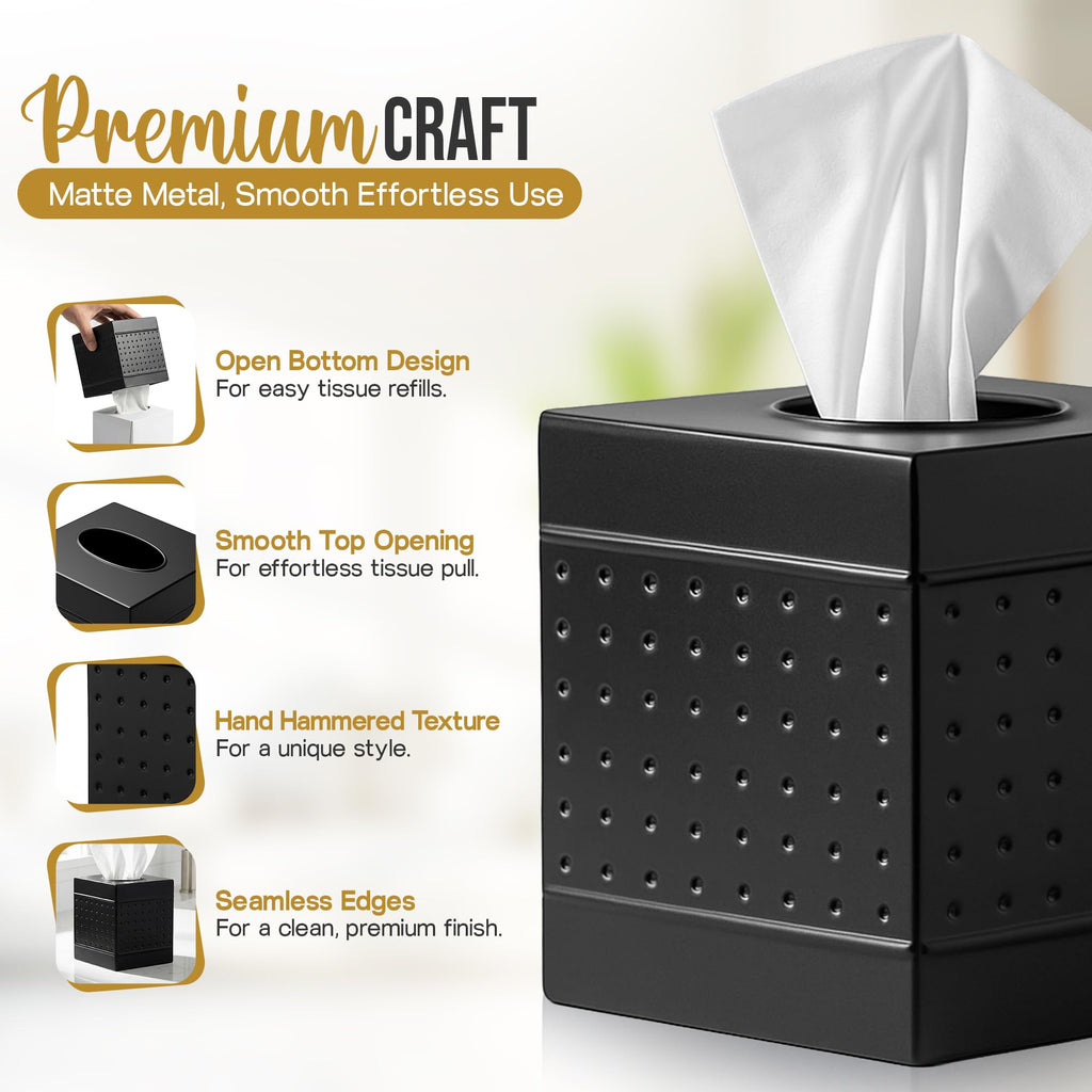 LUXMODE Handmade Matte Black Metal Tissue Box Cover – Square – 5x5x5.25 Inch – Open Bottom - Modern Black Tissue Holder for Bathroom, Living Room, Bedroom & Office Décor