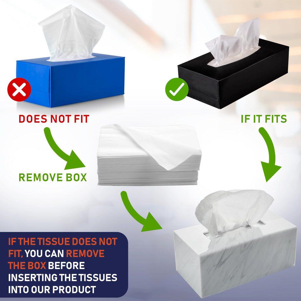 Acrylic Tissue Box Holder, Clear Dispenser for Facial Tissues, Napkins, and Dryer Sheets. Perfect for Bathrooms, Desks, Countertops, Vanities, Bedrooms, and Nightstands (Rectangle, Marble) (Pack of 2)