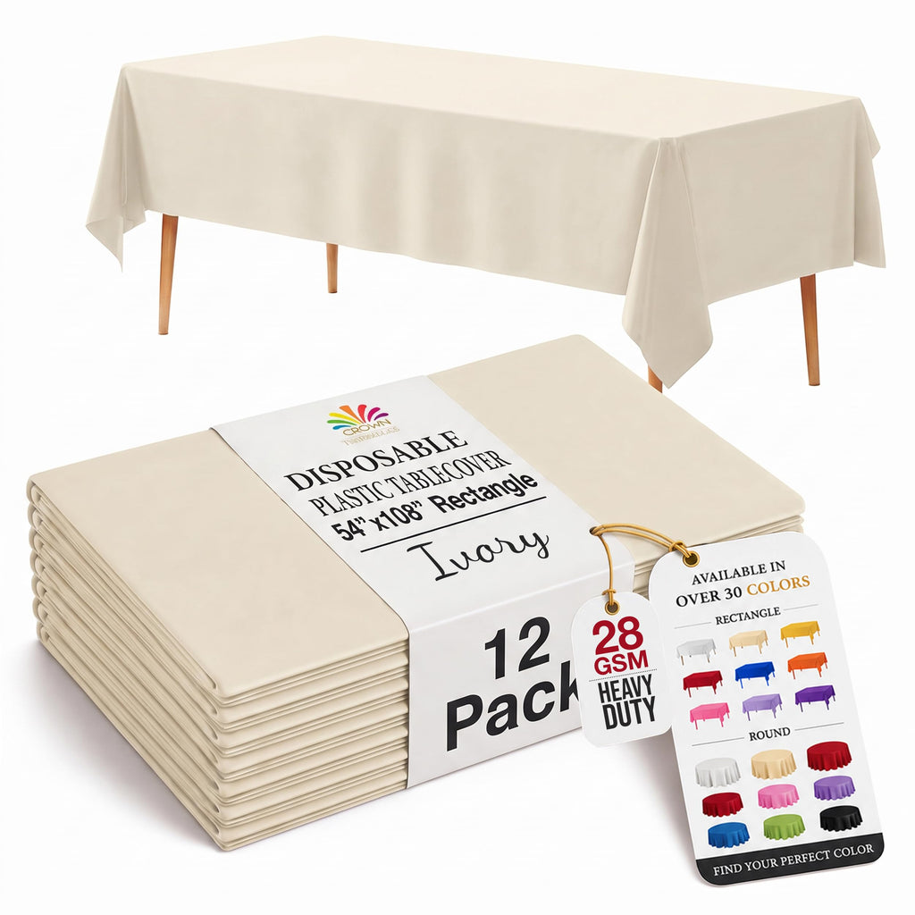 Exquisite Ivory Plastic Table Cloth Disposable 12 Pack, 54 x 108 Inch