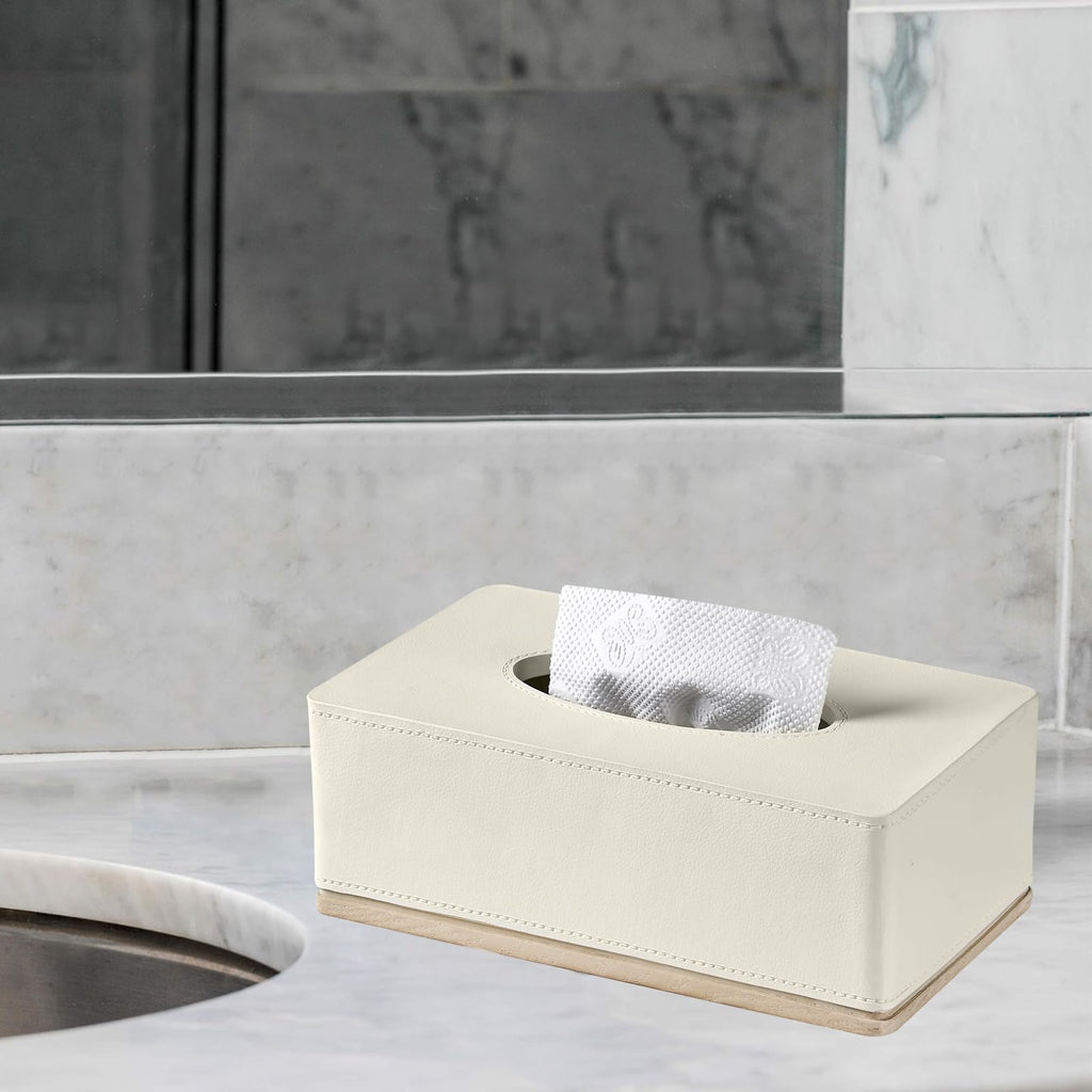 Rectangular Tissue Box Cover for Bathroom,Livingroom,Bedroom, Hand Carved Leather Resin Tissue Box Holder,10 x 5.7 x3.7 in, Beige