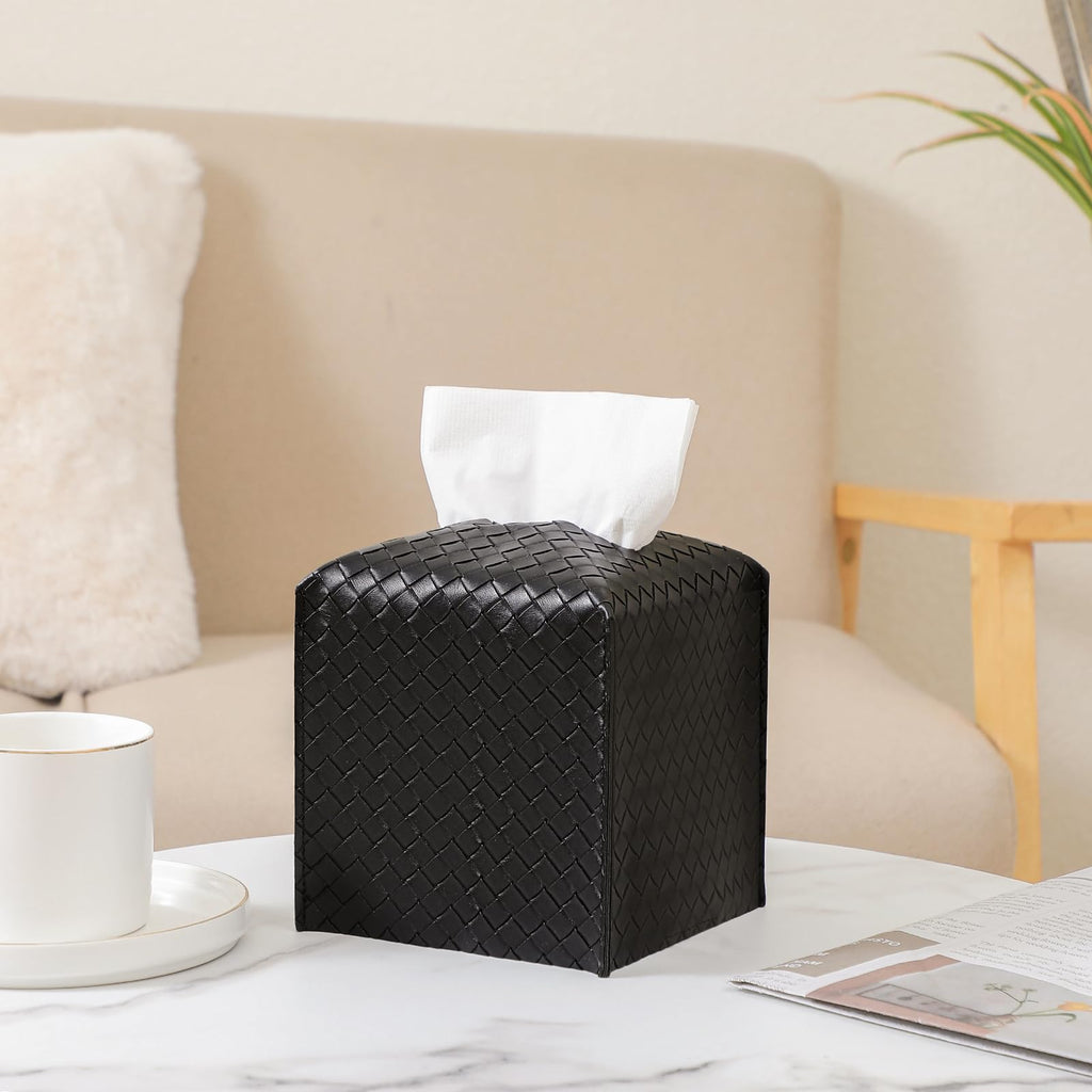 Tissue Box Cover Square Leather Facial Paper Holder, Black