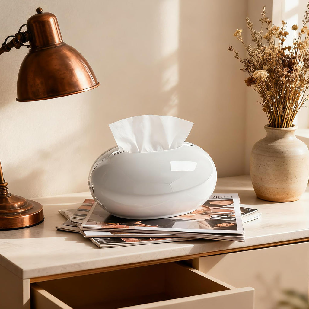 Acrylic Tissue Box Cover, Large Round Design with Non-Slip Base, Beige Decorative Holder for Bathroom, Living Room, Office (White)