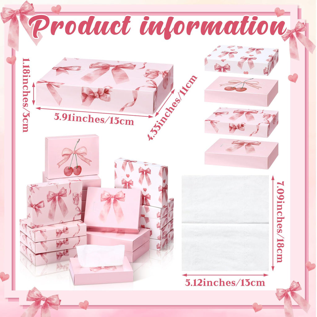 TaoBary 24 Pack Small Facial Tissue Box 2 Ply Pink Bow for Car Desk