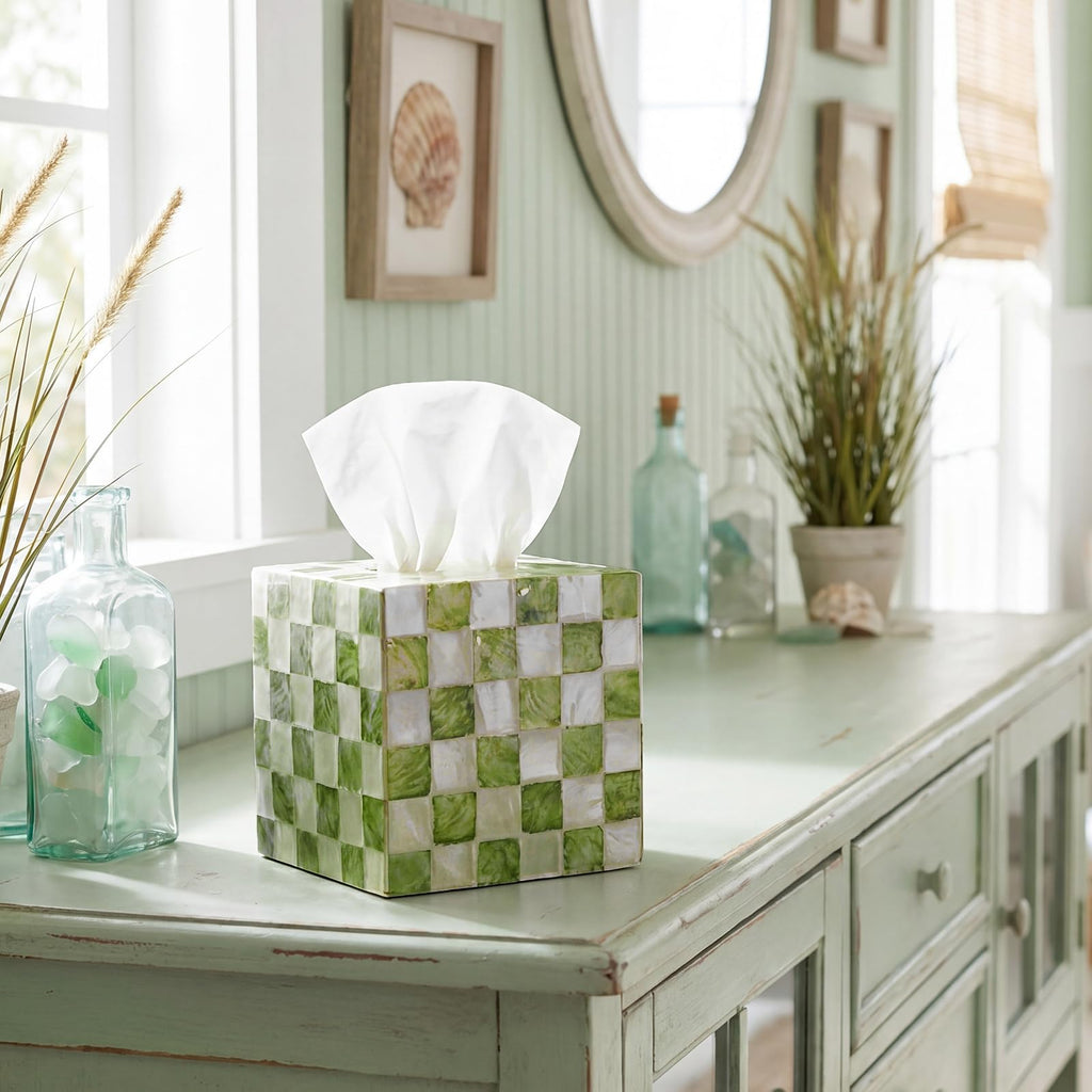 FunooFuno 12 Pack Checkered Tissue Cube Box Cube 3 Ply Facial Paper, Green
