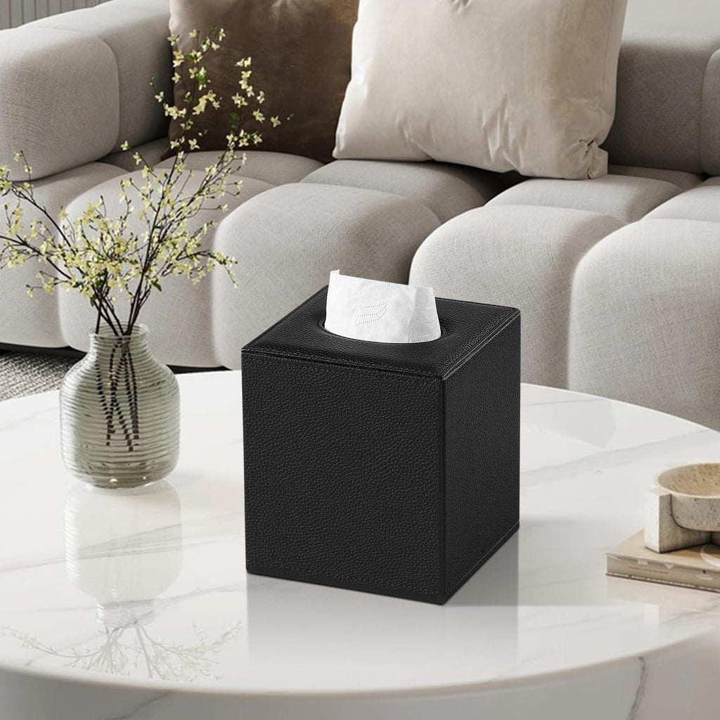 JLAMBOM PU Leather Tissue Box Cover Square Tissue Box Holder (Black)