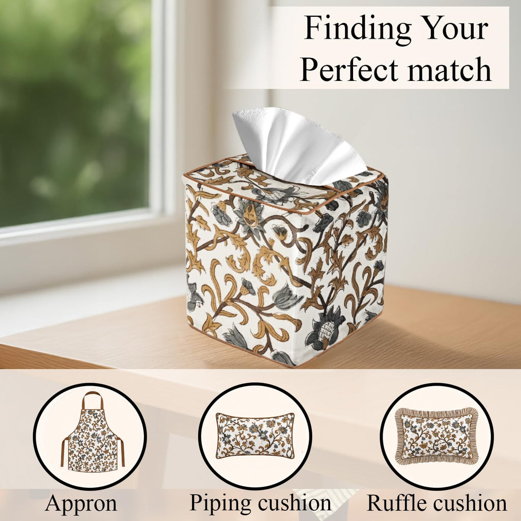 CPC 100% Cotton Piping Block Print Tissue Box Cover, Autumn Vine