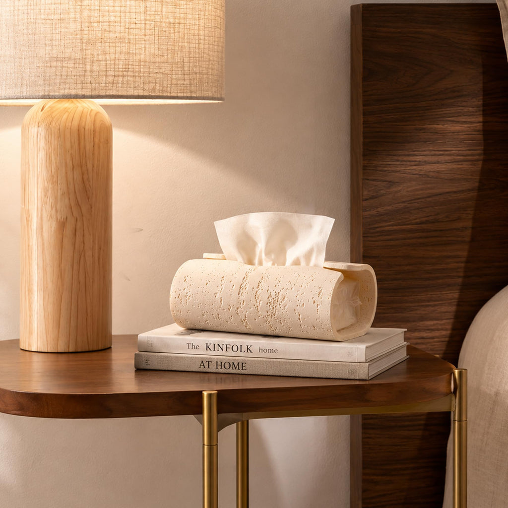 Decorative Tissue Box Holder, Rectangle Travertine Textures Resin Tissue Box Cover, Stone-Look Curved Open Design, Wabi Sabi Organic Modern Home Decor for Bathroom, Bedroom, Living Room, Office, Beige