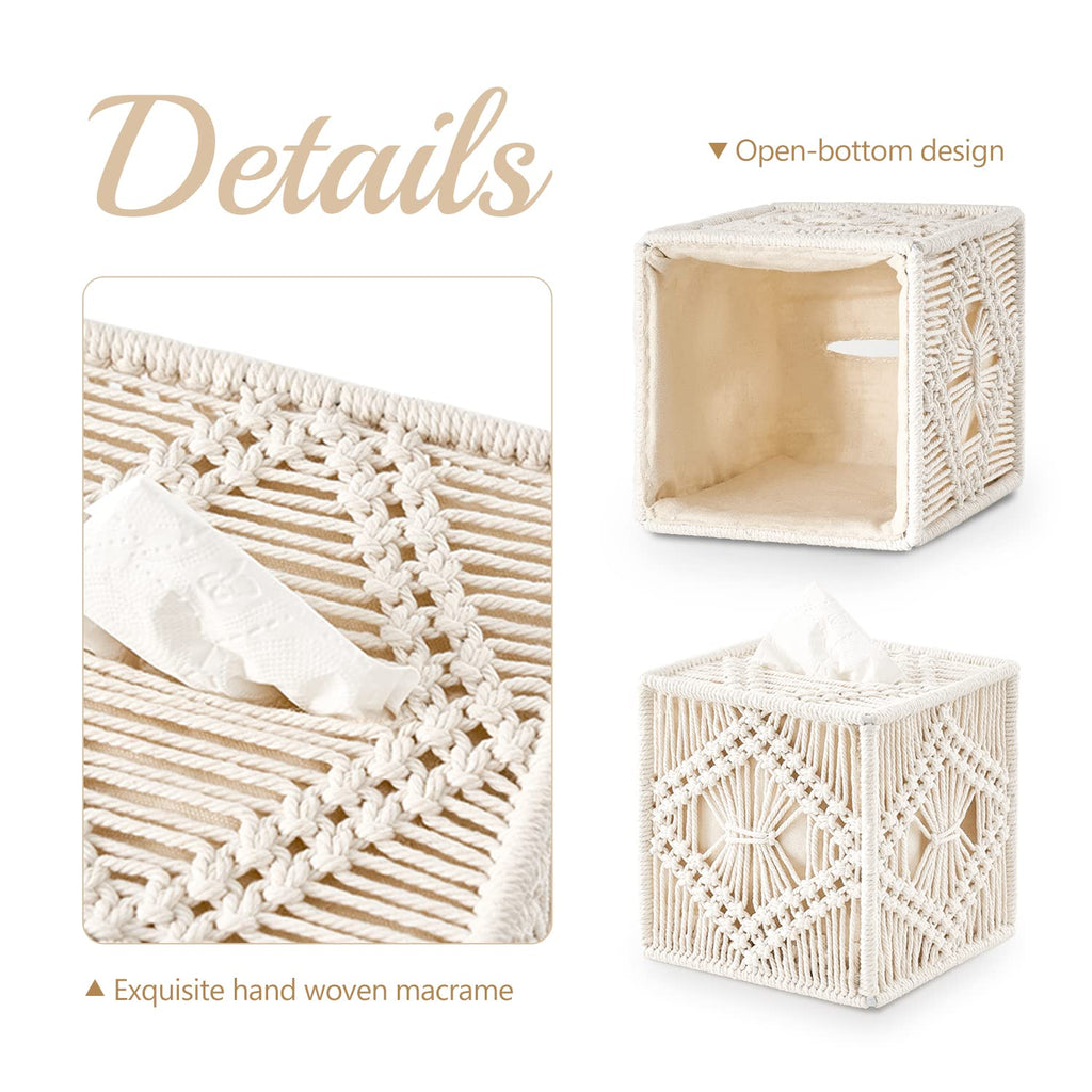 Mkono Tissue Box Cover Square, Boho Macrame Decor Open-Bottom Holder, Ivory