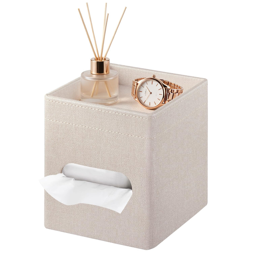 Square PU Leather Tissue Box Cover with Top Storage Tray,Tissues Dispenser