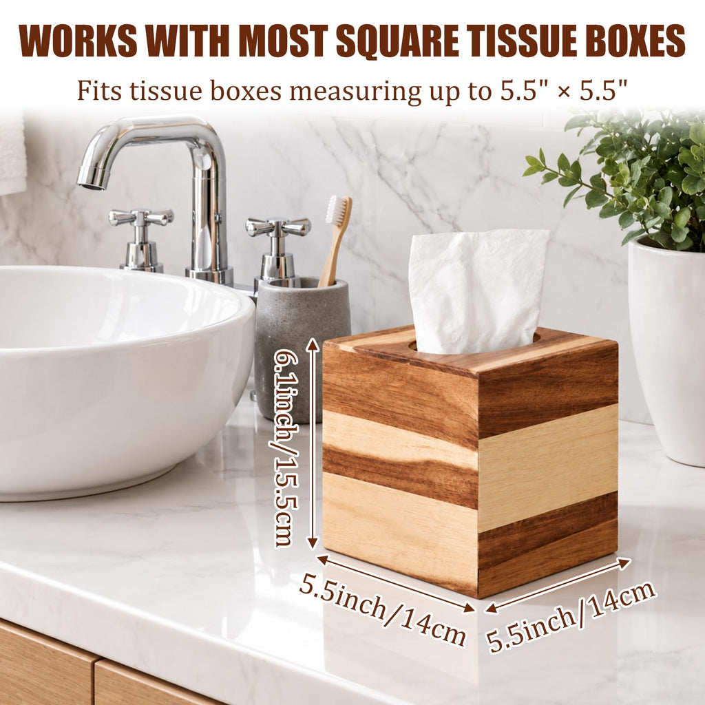 2 Pcs Wooden Tissue Box Cover with Brown Wood for Bathroom, Farmhouse Decor