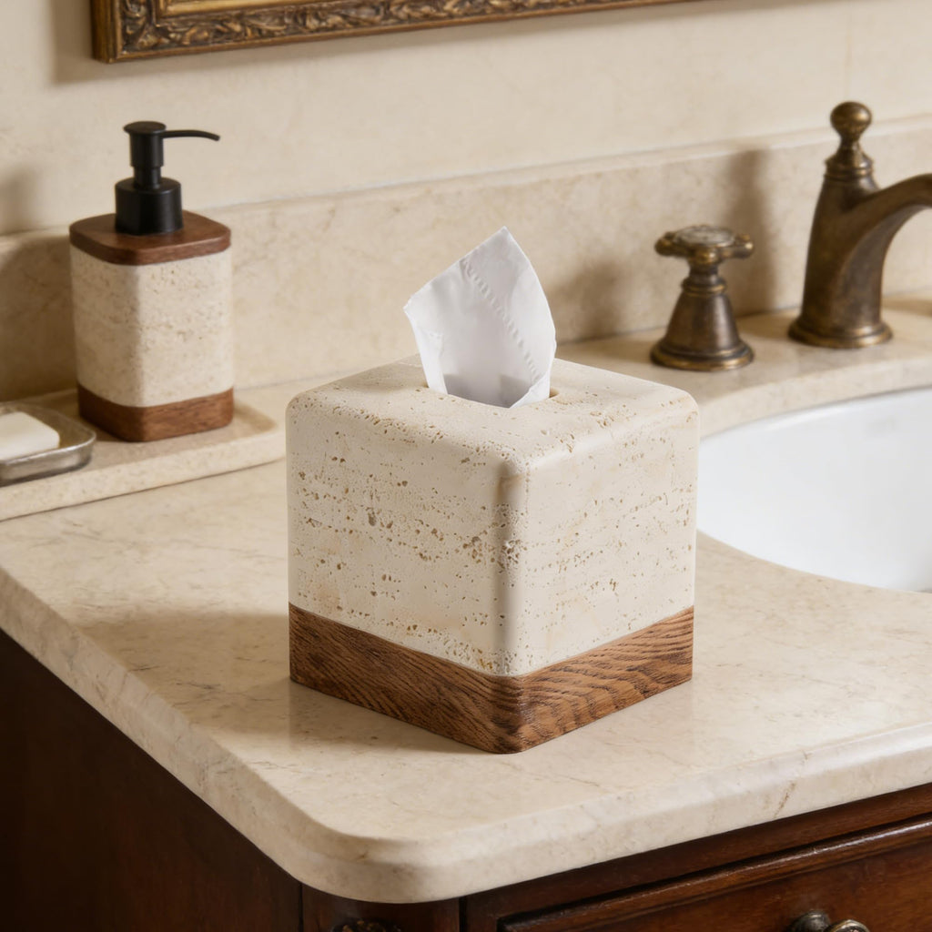 Natural Travertine Look Match Wooden Square Tissue Box Cover for Home Decor