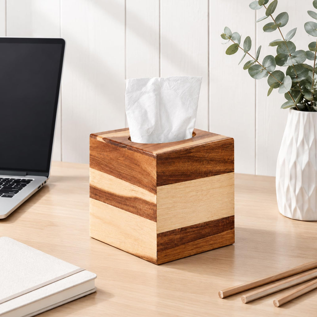 2 Pcs Wooden Tissue Box Cover with Brown Wood for Bathroom, Farmhouse Decor