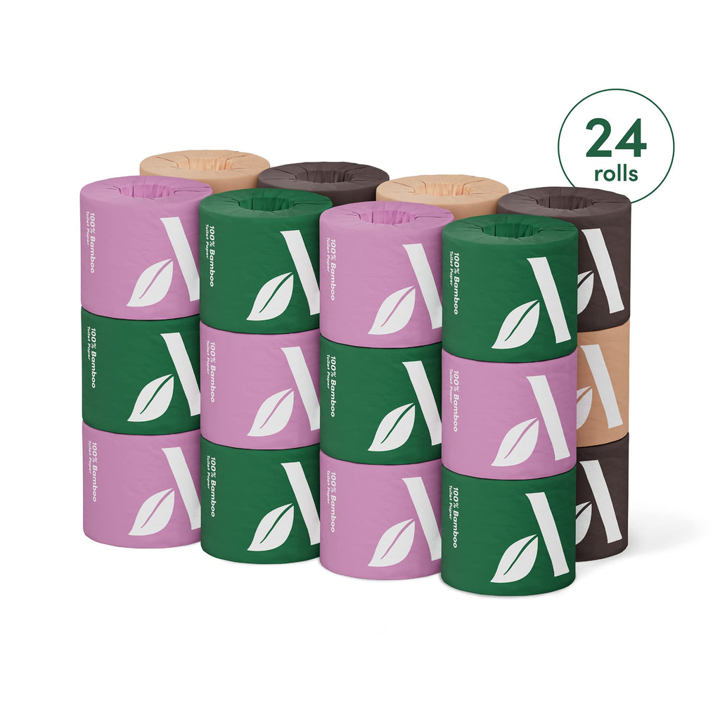 Amazon Aware Bamboo 3-Ply Toilet Paper, Unscented, 24 Rolls, FSC Certified, 350 Sheets, 8400 Count, Pack of 24, Plastic-Free