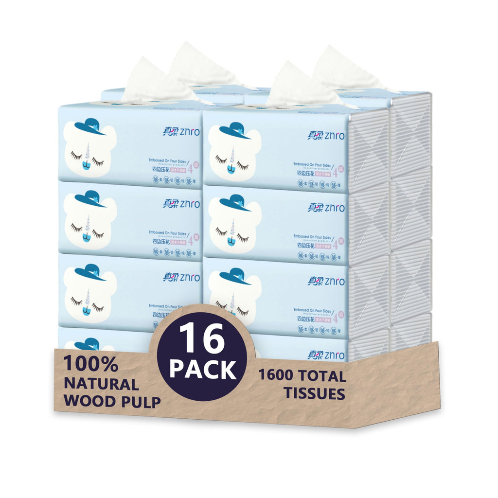 Zhro 4-Ply Facial Tissues, 16 Packs (5.6 x 3.6 x 2.7"[Not in Box]) - 1600 Sheets Total, Compact for Desk, Car & Bag, Hypoallergenic, Lint-Free