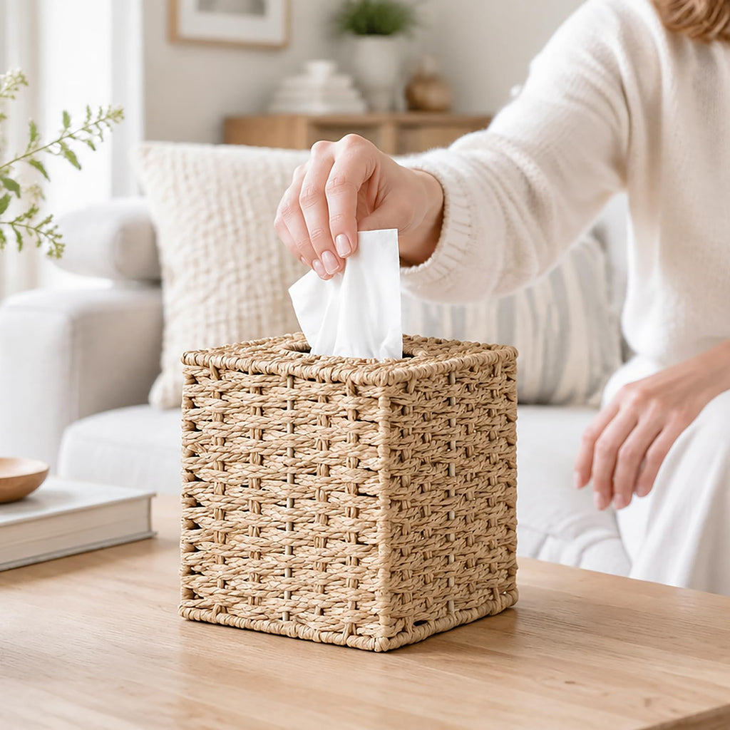 Yosner Paper Rope Tissue Box Cover Square, Wicker Tissue Box Holder Natural