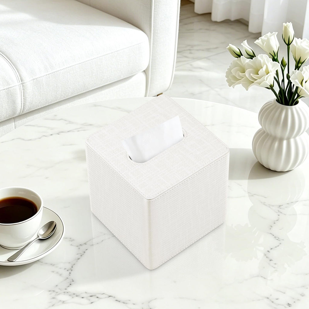 Cretkhp PU Leather Square Tissue Box Cover Tissue Box Holder Cube (Cream)