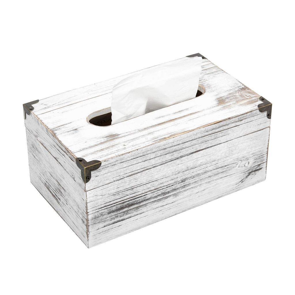 Distressed Wooden Rustic Facial Tissue Box Holder Tissue Box Cover Napkin Dispenser for Bathroom Living Room Dining Room Bedroom Toilet (Washed White)