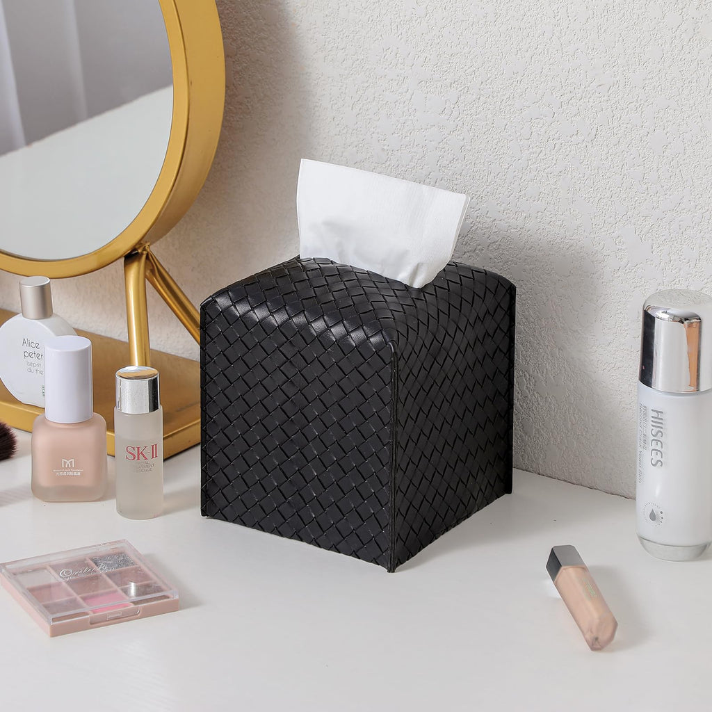 Tissue Box Cover Square Leather Facial Paper Holder, Black