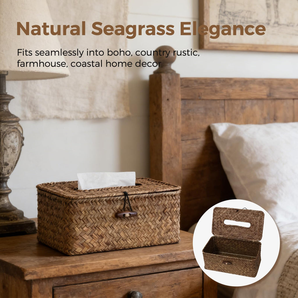 Rectangle Wicker Tissue Box Cover, Woven Seagrass Tissue Holder, Brown
