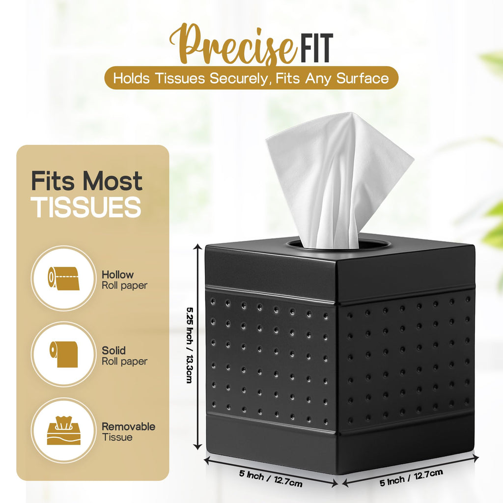 LUXMODE Handmade Matte Black Metal Tissue Box Cover – Square – 5x5x5.25 Inch – Open Bottom - Modern Black Tissue Holder for Bathroom, Living Room, Bedroom & Office Décor