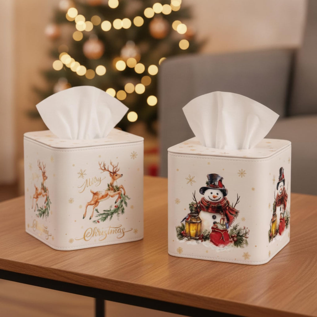 Thyle 2 Pcs Christmas Square Tissue Box Cover PU Leather Reindeer Snowman Tissue Box Holder Closure Xmas Decorations Cube Napkin Holder for Kitchen Car Home Office Living Room Bedroom