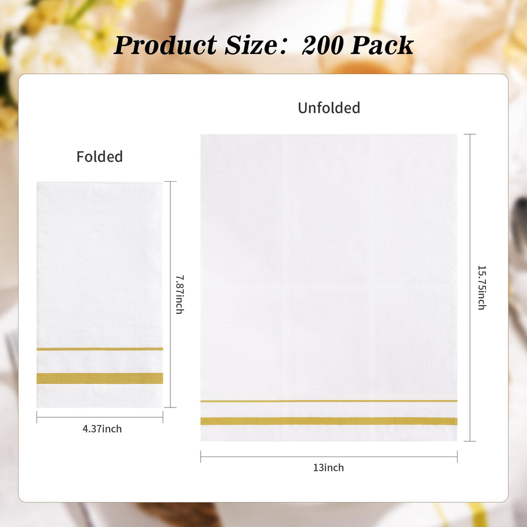 BESTVIP 200 Pack Disposable Paper Napkins, White & Gold Trim Dinner Napkins