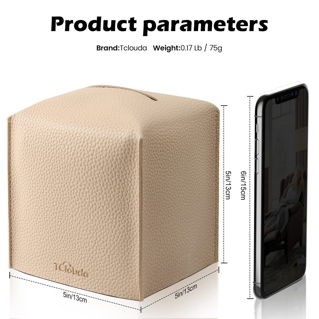 Tissue Box Cover, Tclouda, Modern PU Leather Square Tissue Box Holder for Creative Decorative, Ideal for Bathrooms/Office/Car/Nightstand/Outdoor Tent/Dining Table, 5"X5"X5", Single Beige