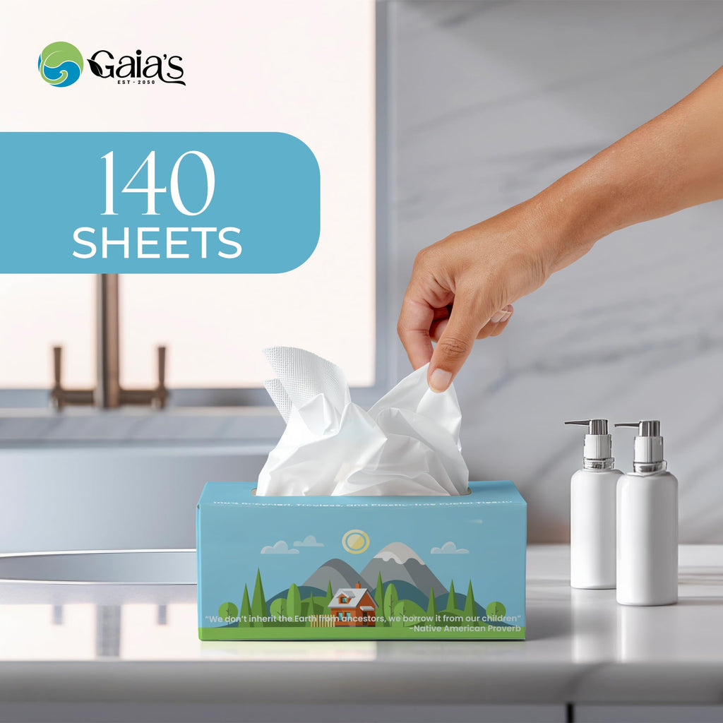 Gaias Premium 3 Ply Facial Tissues, Strong and Soft, 140 Sheets (3360 Sheets - 24 Pack) Made From Bamboo, Zero Plastic Packaging, Eco-Friendly, Sustainable, Non-Lotion, Bulk Pack