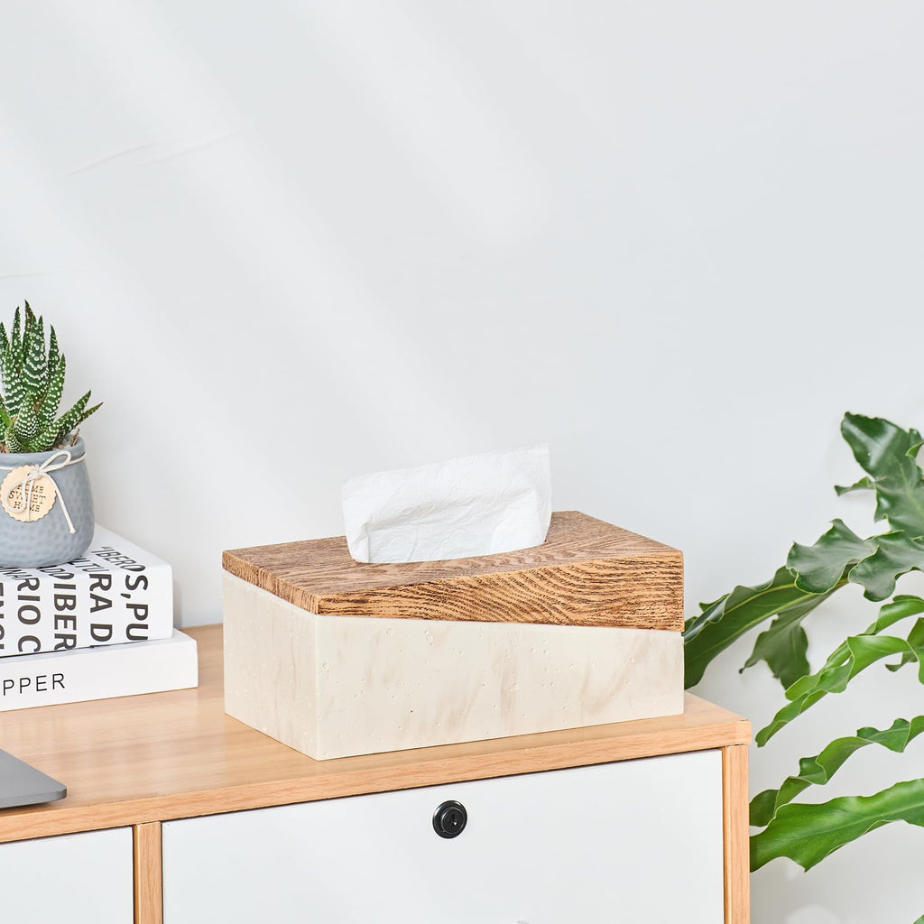 Rectangular Natural Travertine and Rustic Wood Textures Tissue Box Cover for Bathroom,Livingroom,Bedroom, Hand-Made Resin Wood Inlaid Travertine Tissue Box Holder,10 x 5.7 x 4.5 in