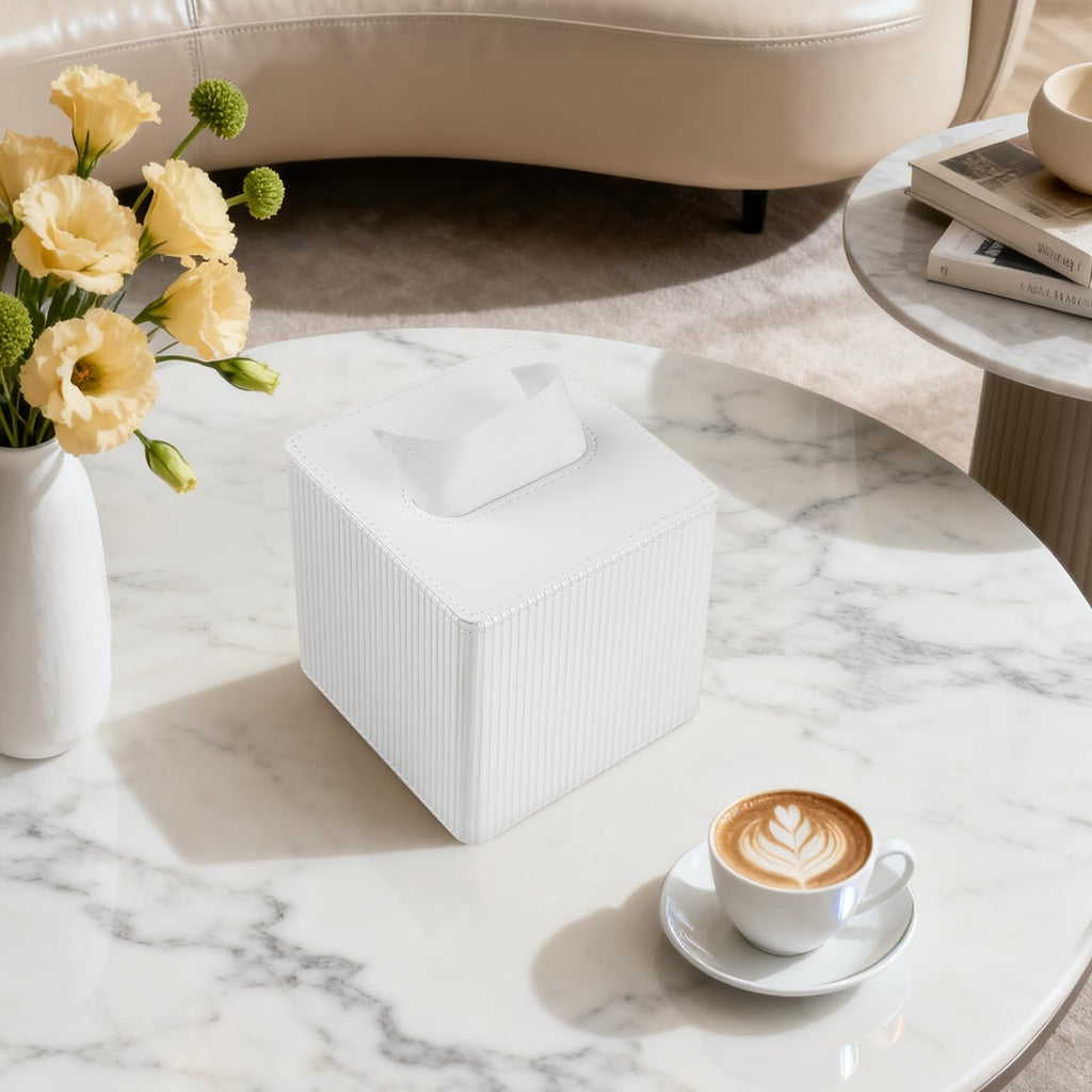 Cretkhp PU Leather Square Tissue Box Cover Tissue Box Holder Cube (Ivory)