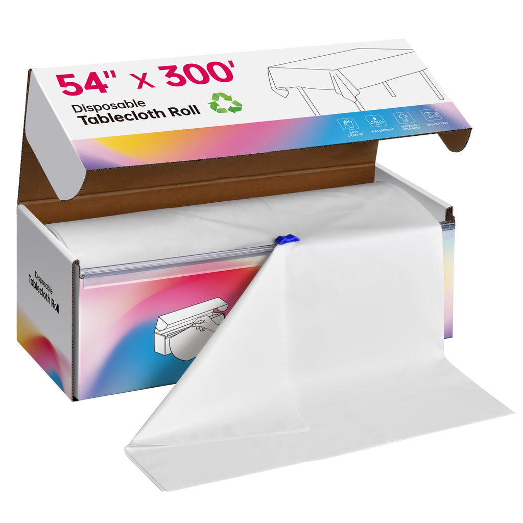Plastic Table Cloth Disposable, 54In X 300Ft White Table Cover Roll