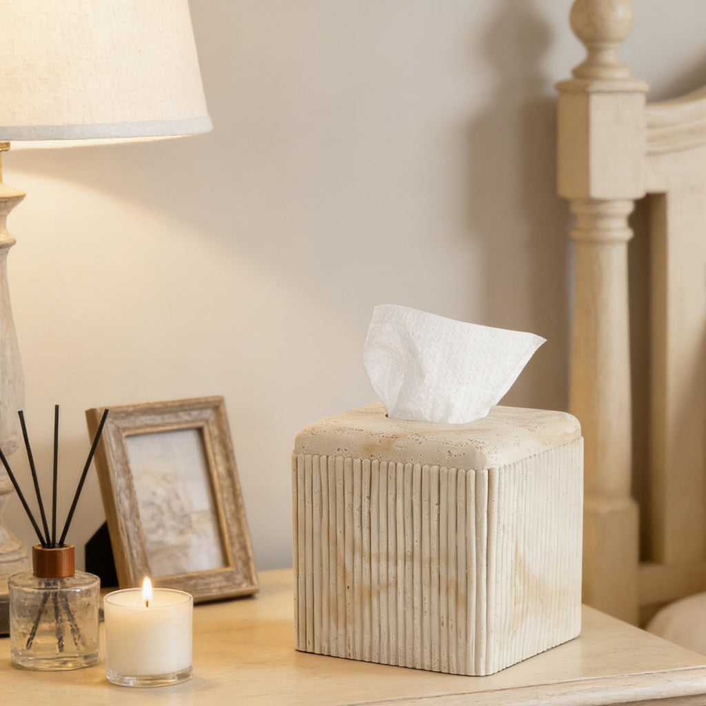 Travertine Stone-Look Ribbed Square Tissue Box Cover for Modern Home Decor