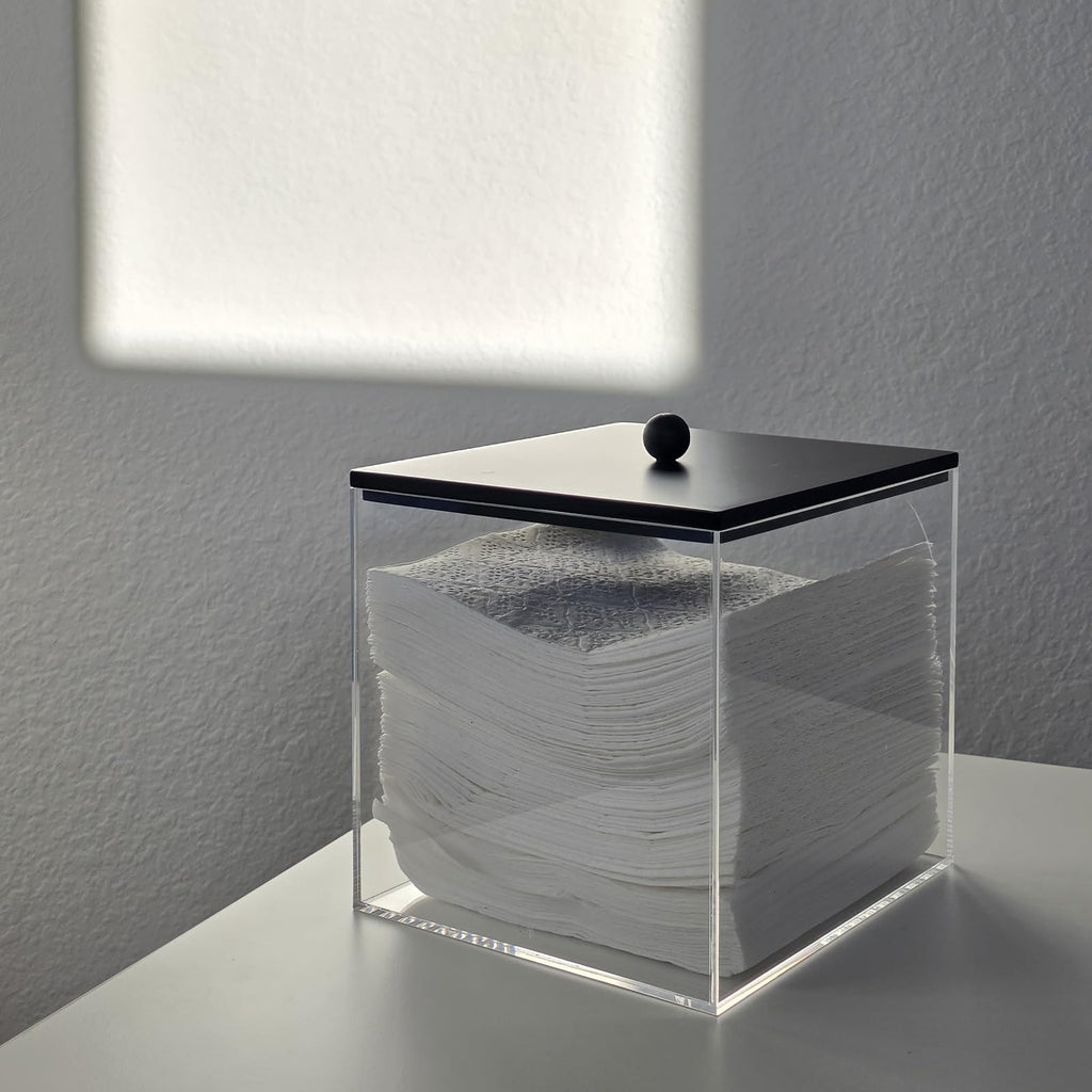 Puricon Acrylic Disposable Facial Towels Holder, Clear Storage Bin with Wood Lid Compatible with Clean Skin Club Towel (NOT Included), Face Towelettes Container for Bathroom Counter -Black