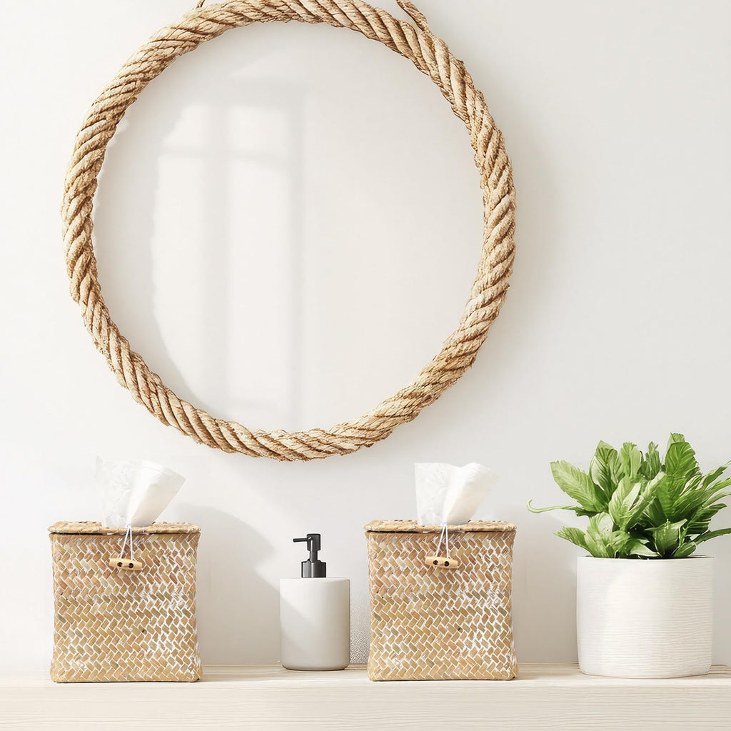 Thyle 2 Pcs Tissue Box Cover Square Seagrass Tissue Box with Lid, Woven Napkin Holder Rustic Cube Boho Whitewashed Paper Case for Bathroom Toilet Bedroom Living Room Kitchen Table Desk Office Car