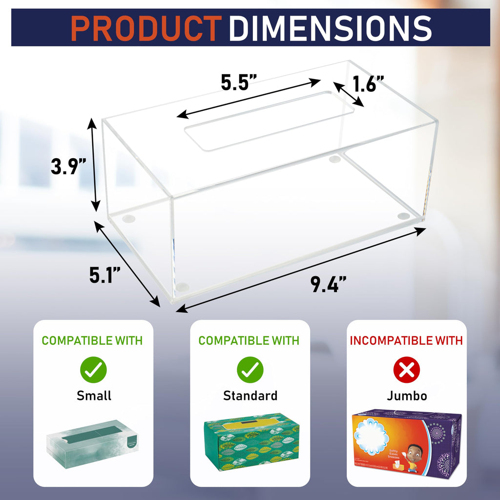 Acrylic Tissue Box Holder, Clear Dispenser for Facial Tissues, Napkins, and Dryer Sheets. Perfect for Bathrooms, Desks, Countertops, Vanities, Bedrooms, and Nightstands (Rectangle, Clear) (Pack of 2)