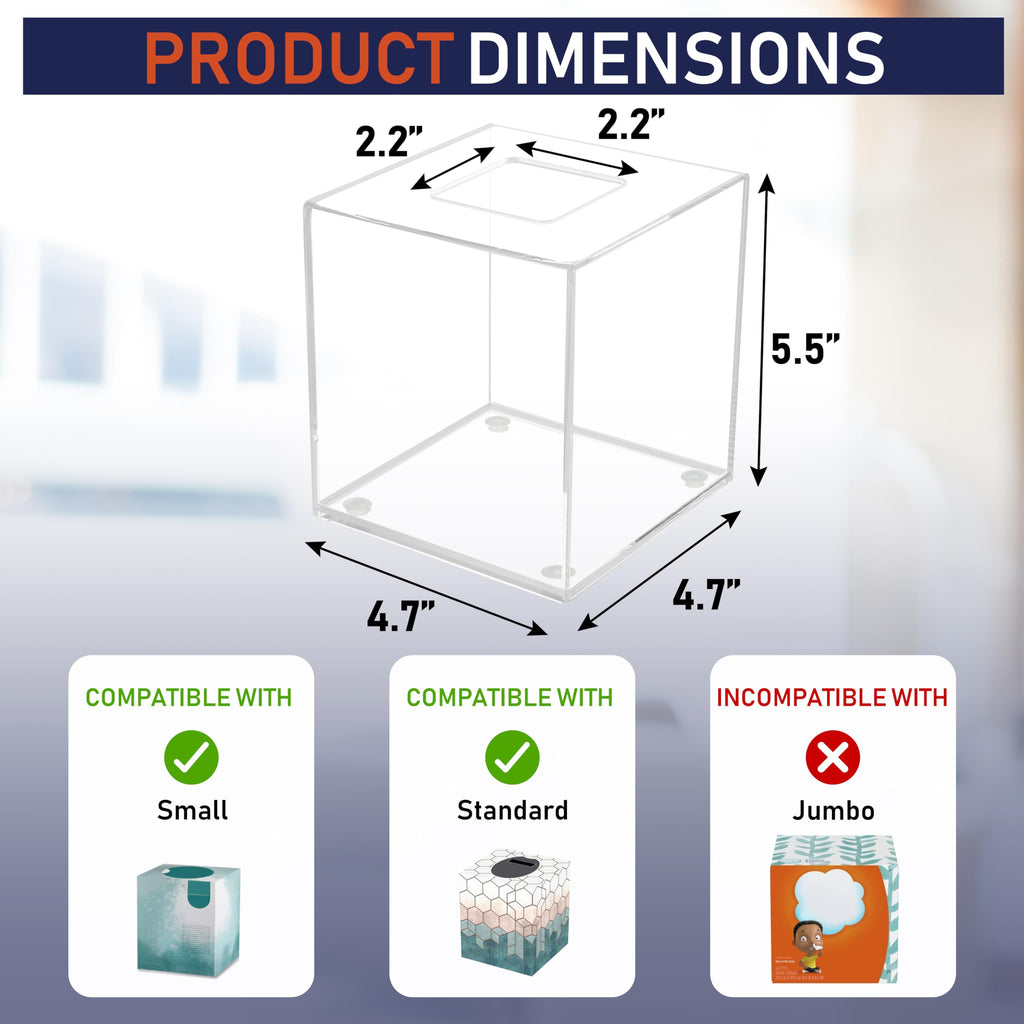 Acrylic Tissue Box Holder, Square Dispenser for Facial Tissues, Napkins, and Dryer Sheets. Perfect for Bathrooms, Desks, Countertops, Vanities, Bedrooms, and Nightstands (Square, Clear)