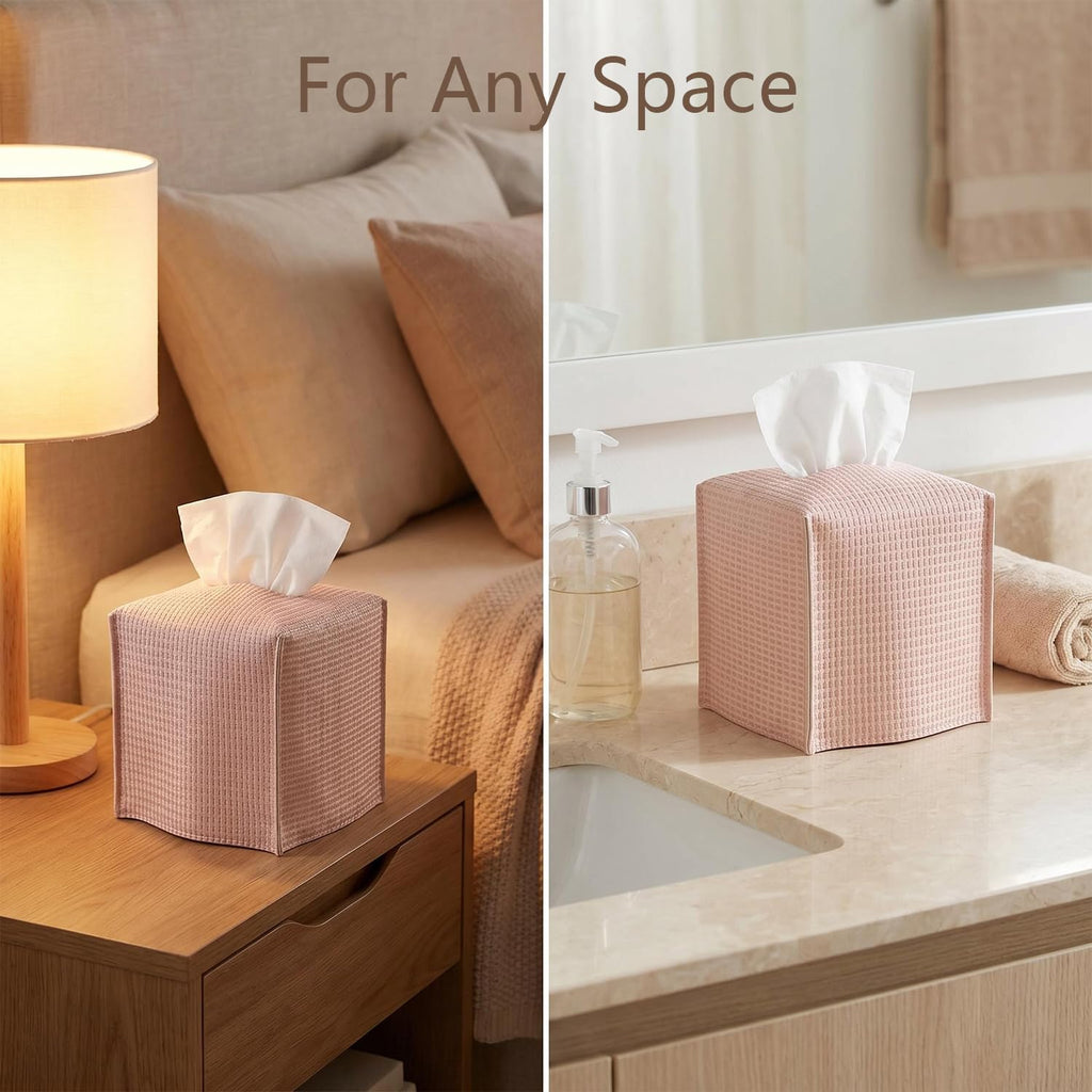 Ricomboo 2 Pack Tissue Box Cover Square, 5x5x5 PU Leather Tissue Boxes Holder, Decor Cube Paper Organizer with Bottom Belt for Bathroom, Home, Night Stands, Office, Kitchen (Coral Pink)