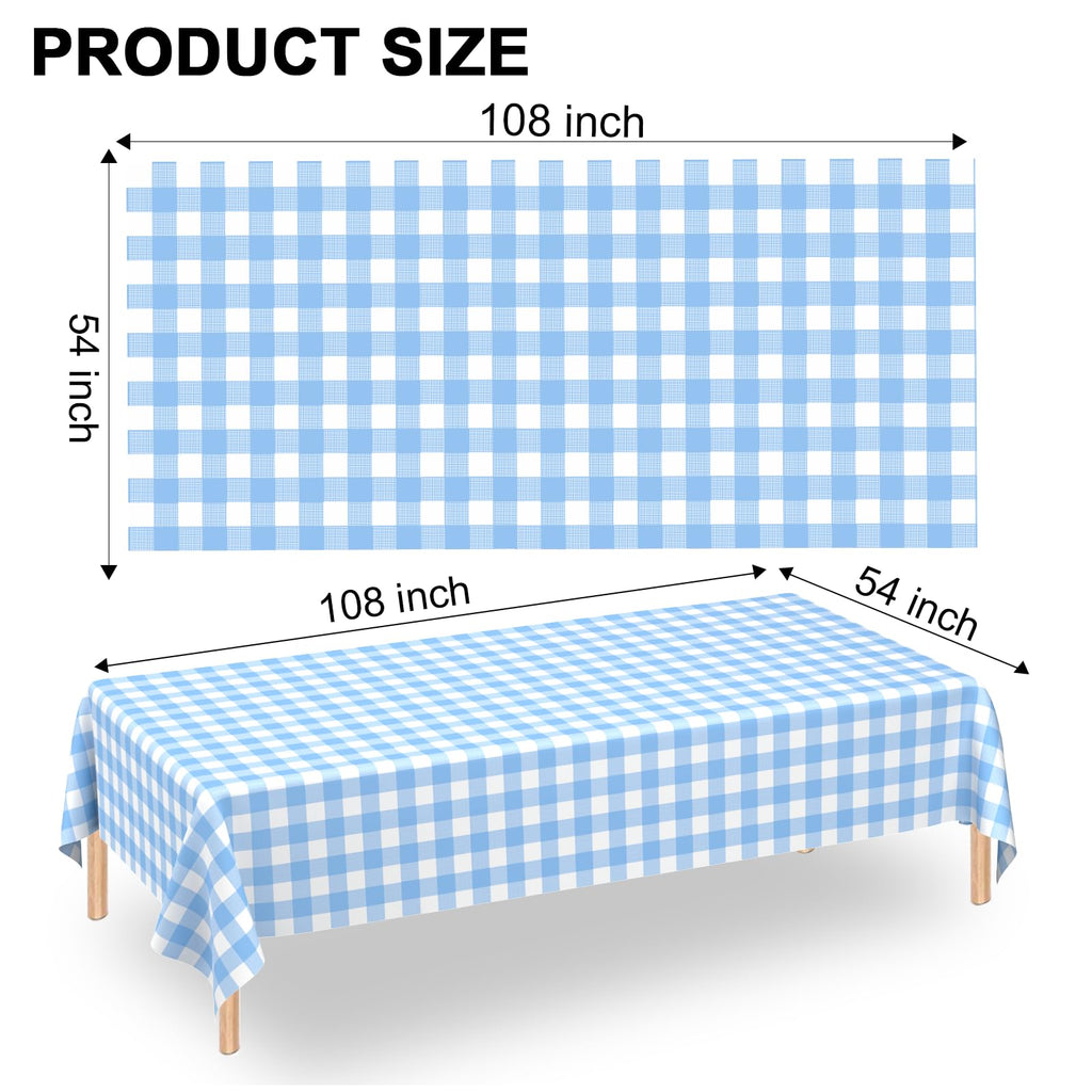 2 Pack Light Blue Gingham Tablecloth Rectangular Pale Blue and White Checkered Tablecloths Disposable Plastic Plaid Table Cover for Parties, Outdoor Picnic, Birthday, Wedding, Camping 54 × 108 Inch