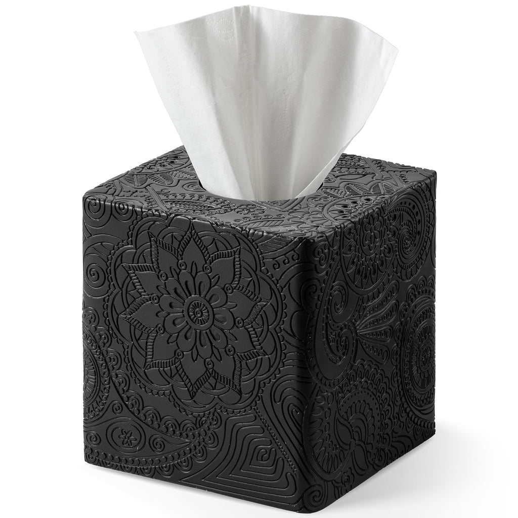 Square Tissue Box Cover Decorative,Napkin Dispenser,Facial Paper Holder for Bathroom Vanity Countertop,Bedroom Dresser,Night Stand, Desk, Office and End Table,Boho Flowers Black