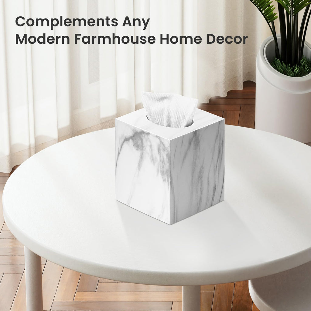 Tissue Box Cover, Plastic Tissue Holder with Non-Slip Base, Marble-Look