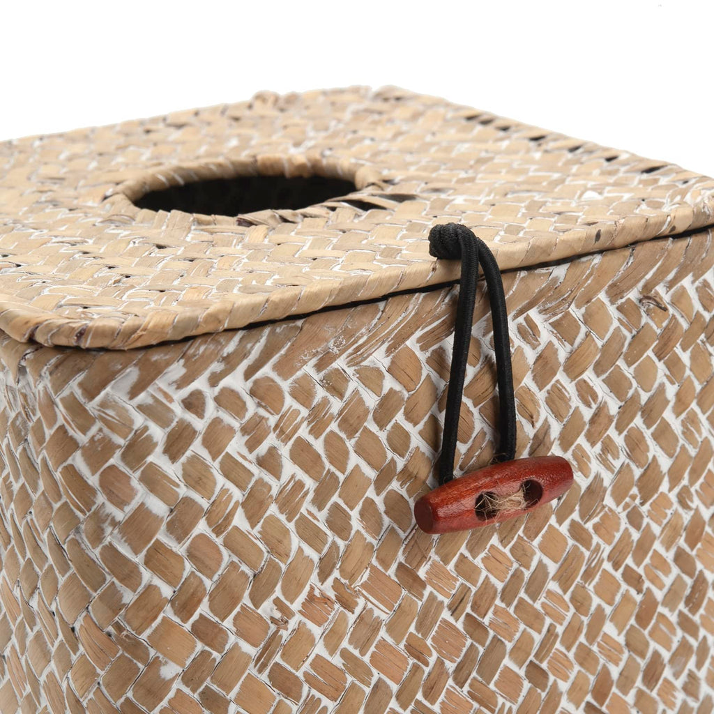 Tissue Box Cover Square, Seagrass Tissue Box Holder, Woven Facial Tissue Holder, Rattan Wicker Tissue Box, Decorative Tissue Cover for Dinner Table, Living Room, Bathroom, Bedroom, Office (Whitewash)