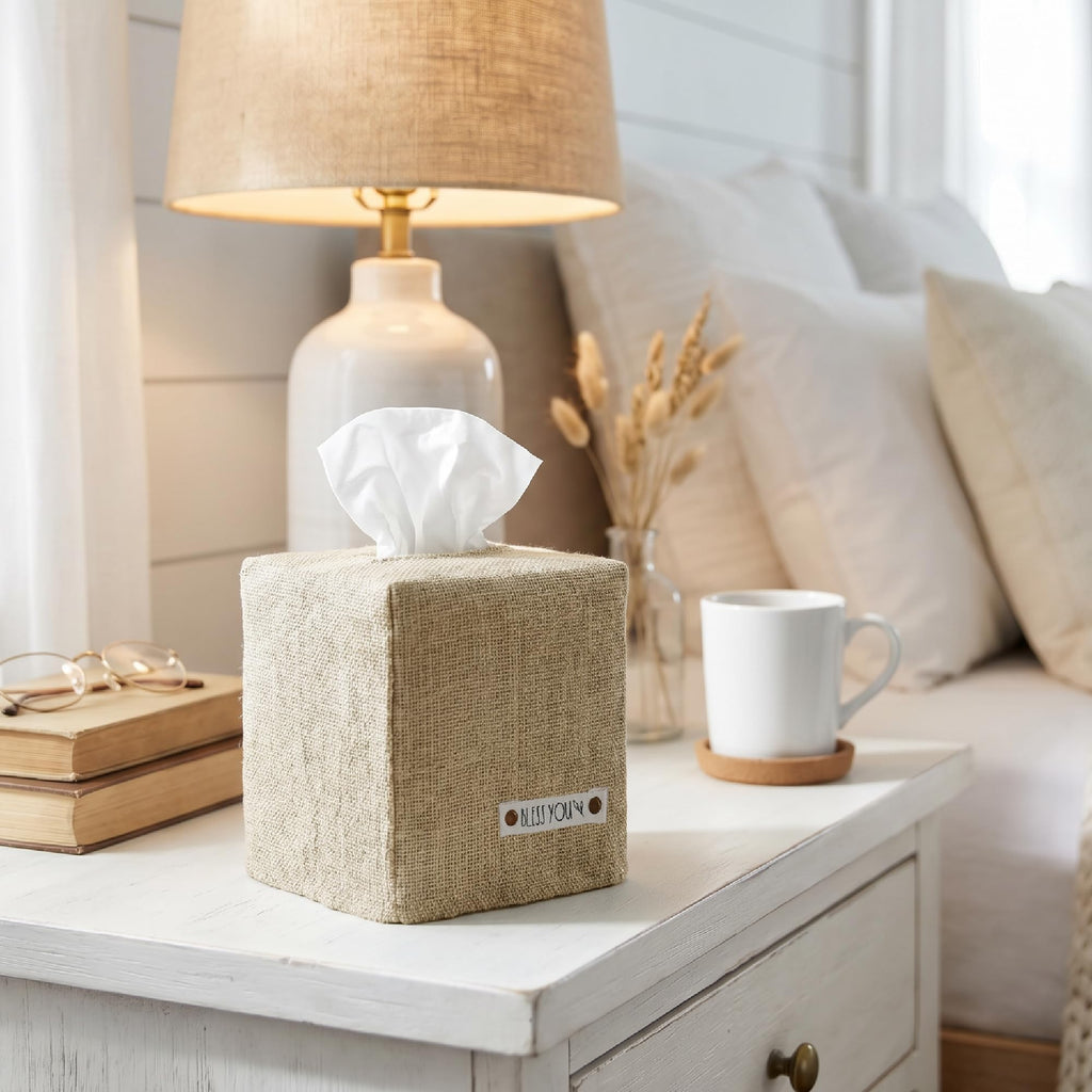 Stylish Tissue Box Cover - Beige Linen Holder for Square Tissue Boxes