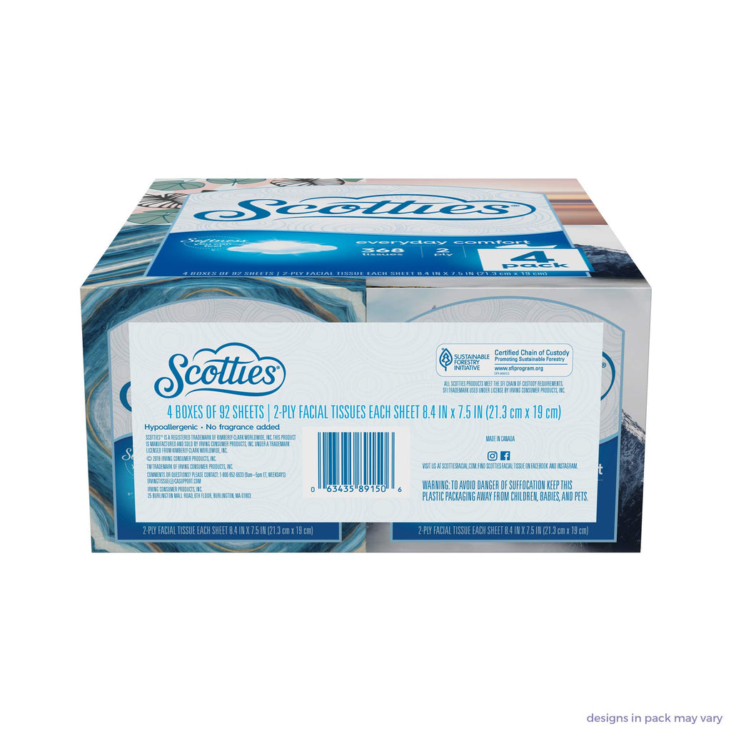 Scotties Everyday Comfort Facial Tissues, 2-Ply, 92 Tissues Per Box, (Pack of 4)
