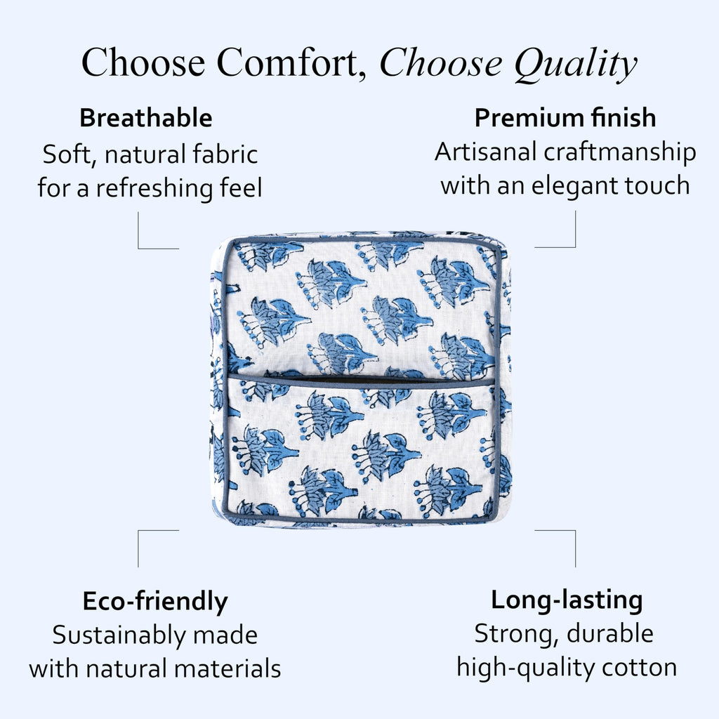 CPC 100% Cotton Piping Block Print Tissue Box Cover, Apatite Blue