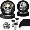 121 Pcs Gothic Halloween Party Tableware Set for 24 Guests – Black Skull Skeleton Disposable Plates, Cups, Napkins and Tablecloth for Spooky Gothic Halloween Party Decorations